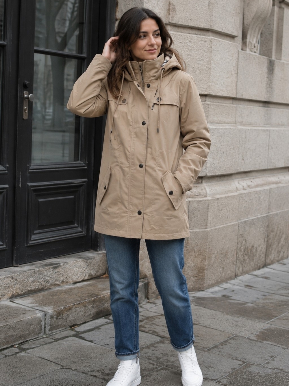 Saphirose Women’s Lightweight Hooded Jacket – Beige, Size M